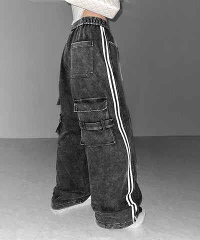 【 裾絞り可能２WAY 】サイドラインピグメントワイドカーゴスウェットパンツ ／ sideline pigment wide cargo sweatpants