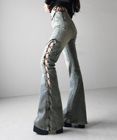 レースアップカットアウトストレッチフレアデニム ／ lace up cutout stretch flare denim
