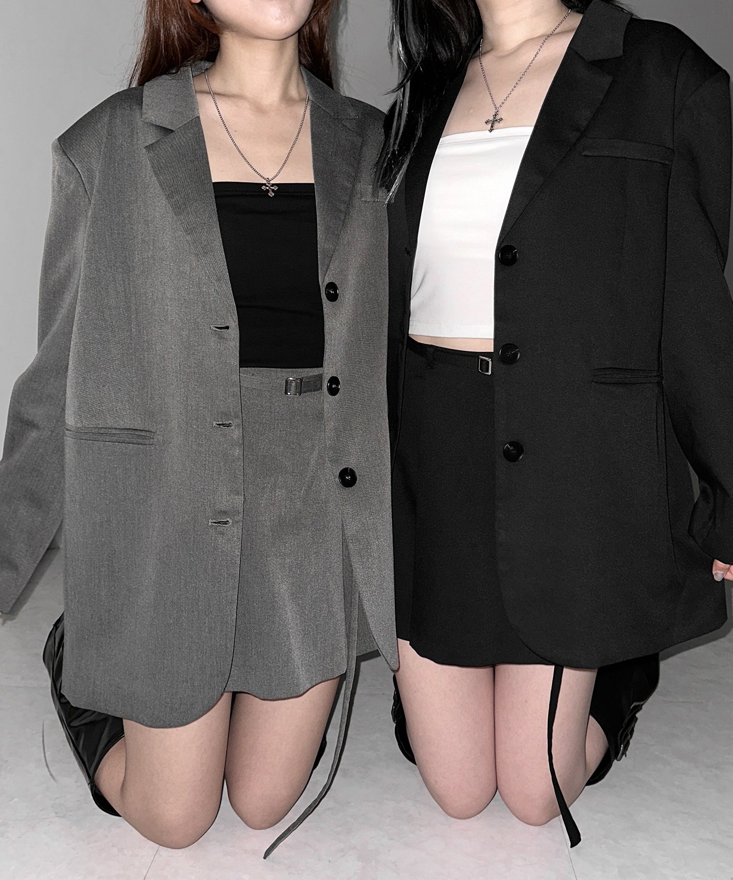 【 セットアップ 】オーバーサイズテーラードジャケット ＆ ハイウエストミニスカパン SET ／ oversize tailored jacket & high waist mini skirt pants SET