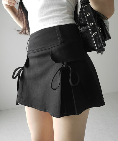 【 ２color ／ ３size 】ヴィンテージライクリボンデニムミニスカパン ／ vintage like ribbon denim mini skirt pants