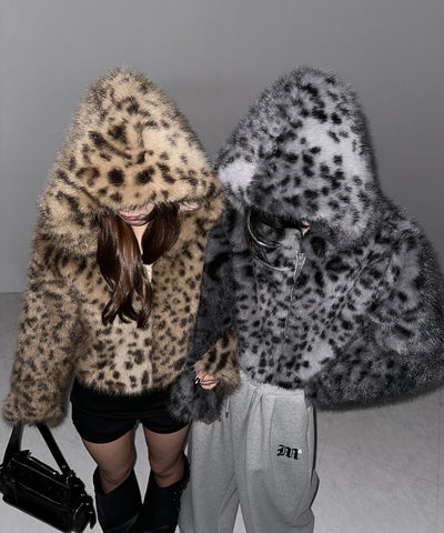 レオパードフェイクファーフーディショートコート ／ reopard fakefur hoodie short coat