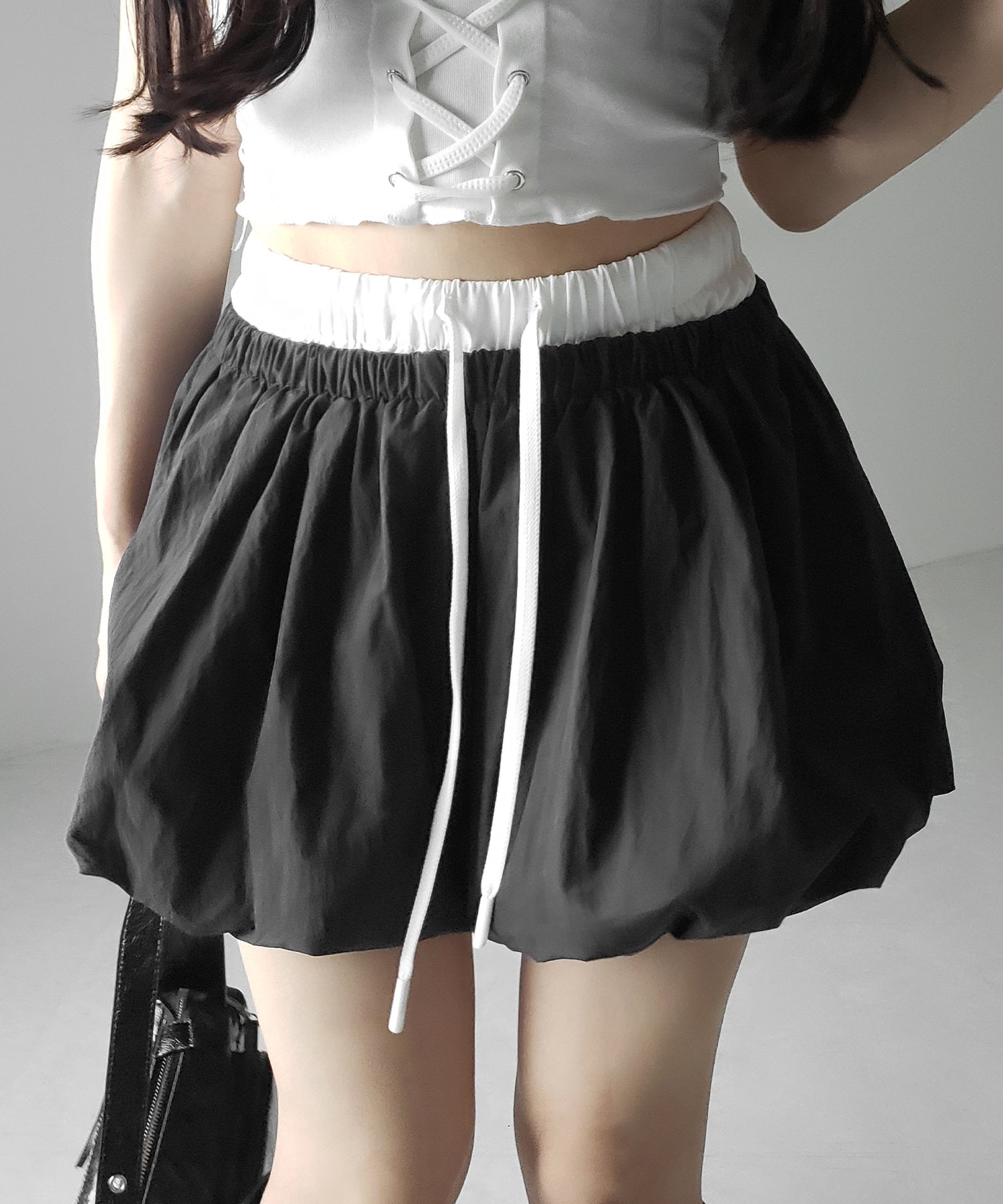 【 ２color ／インパン裏地付き 】フェイクレイヤードコットンバルーンミニスカート ／ fake layered cotton balloon mini skirt