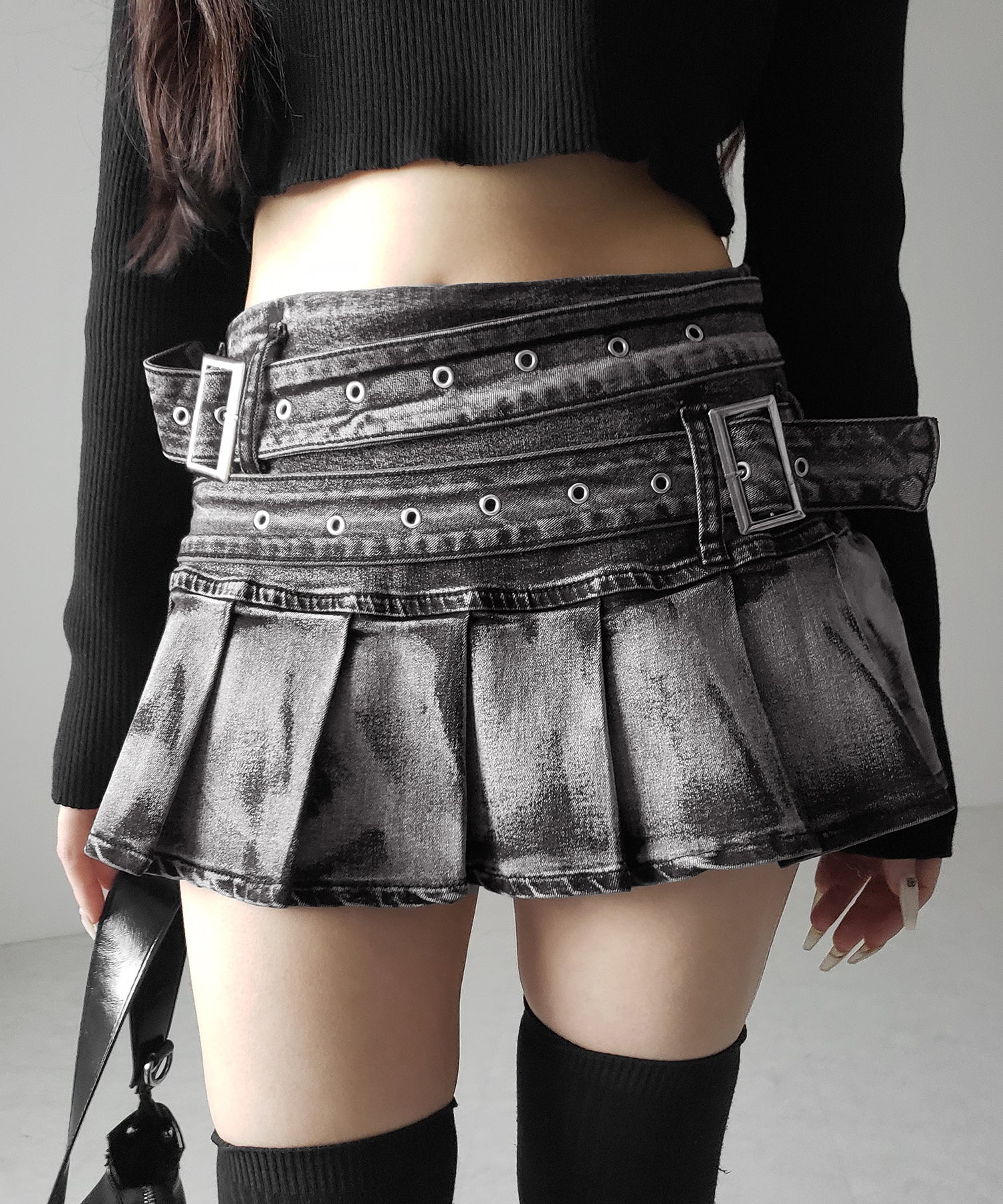 【 インパン裏地付 】ダブルベルトヴィンテージデニムプリーツミニスカート ／ double belt vintage denim pleats mini skirt