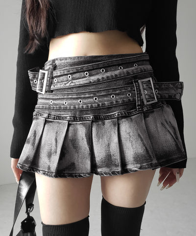 【 インパン裏地付 】ダブルベルトヴィンテージデニムプリーツミニスカート ／ double belt vintage denim pleats mini skirt