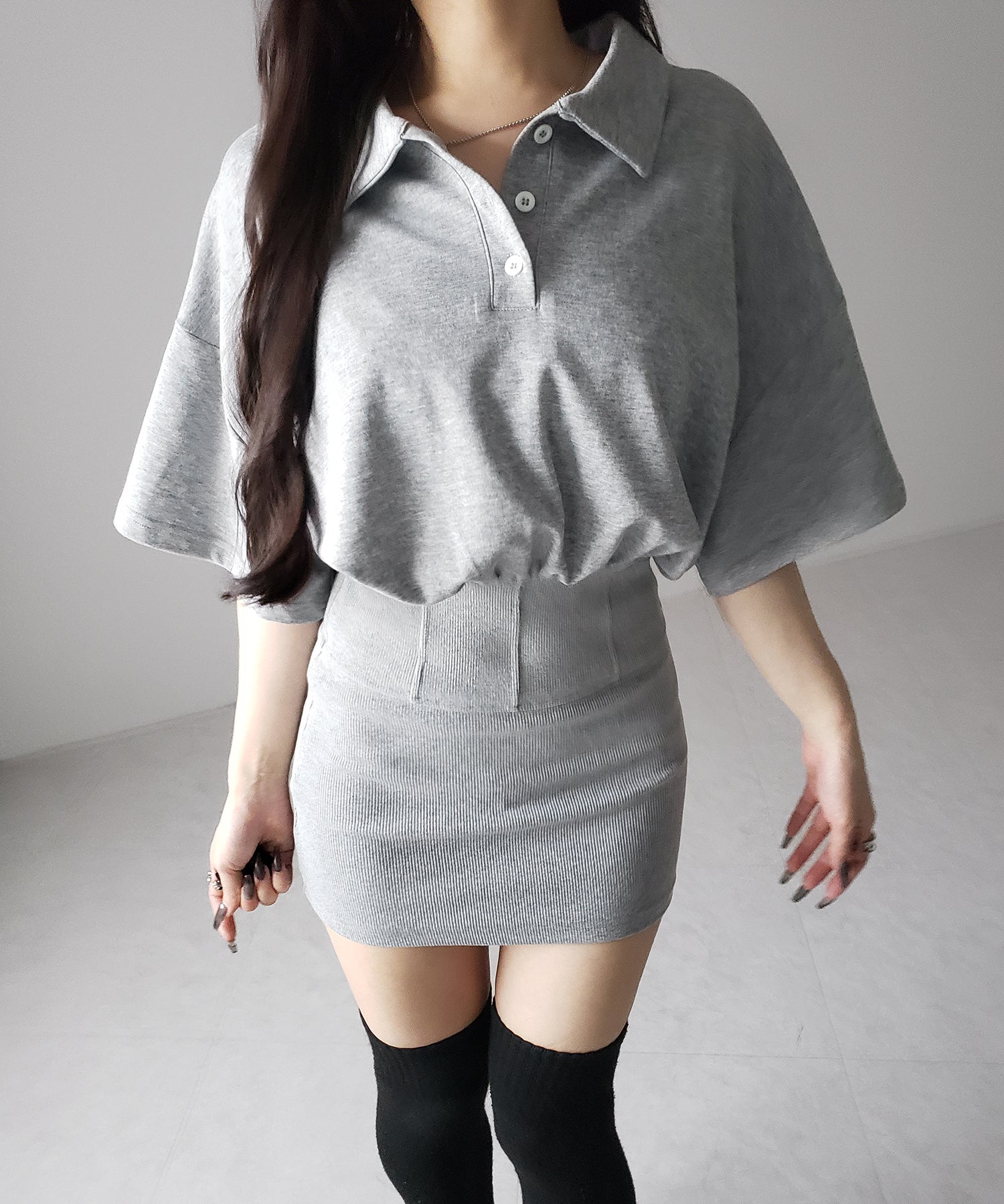 襟付きヘンリーネックコルセットタイトミニワンピース ／ collared