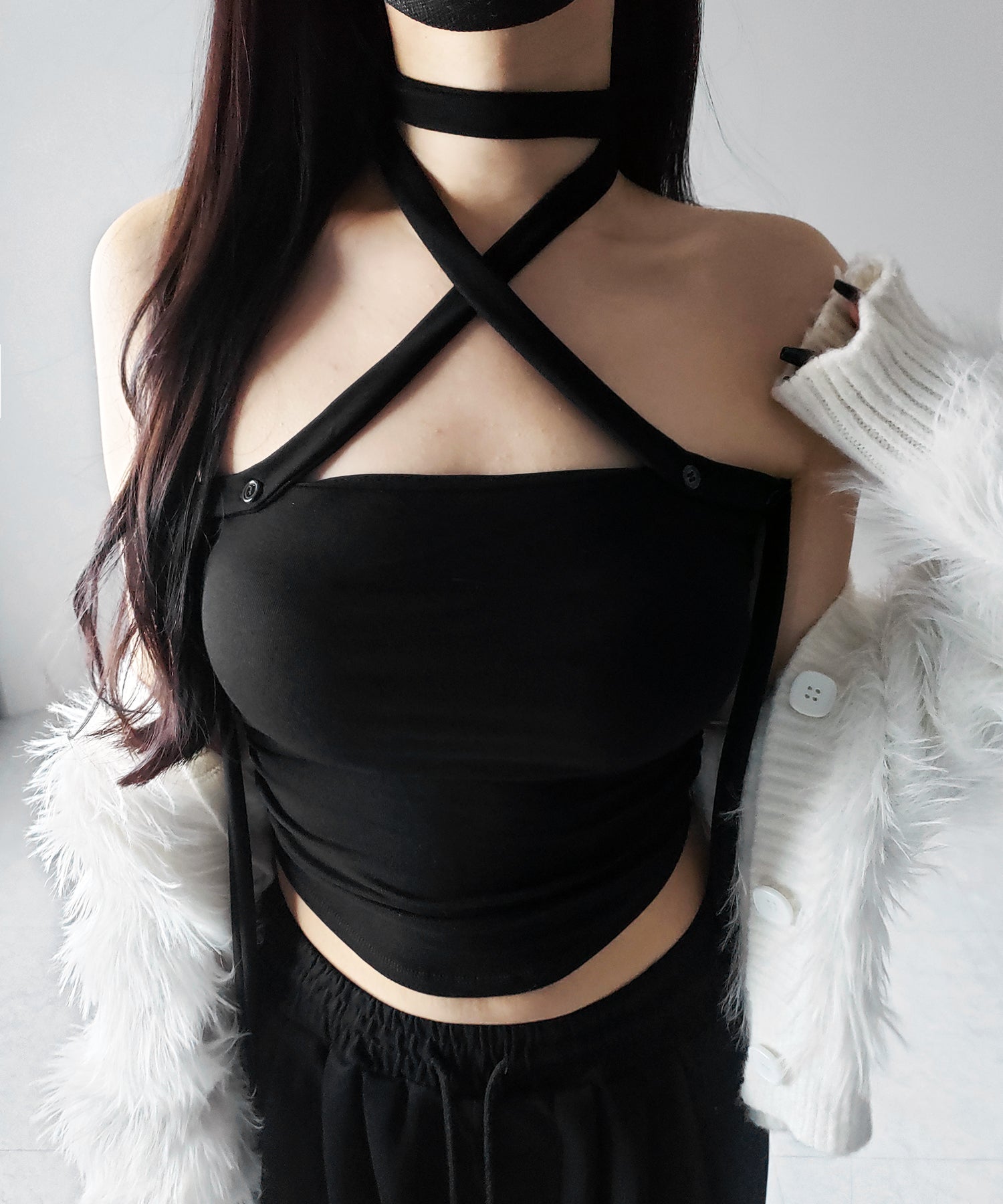 【 ３color ／ カップ付 】ロングチョーカークロスネックキャミソール ／ long choker cross neck camisole