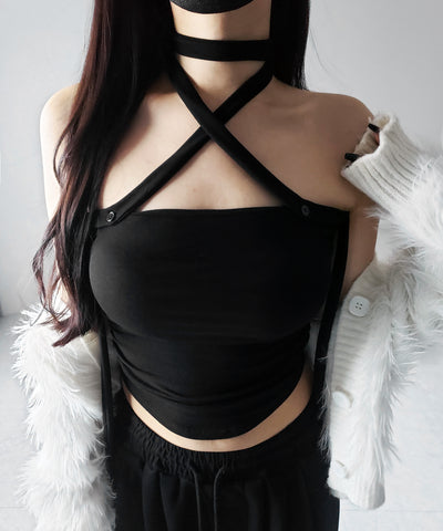 【 ３color ／ カップ付 】ロングチョーカークロスネックキャミソール ／ long choker cross neck camisole