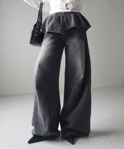 【 ２color ／ ４size 】フリルドッキングレイヤードヴィンテージワイドデニム ／ frll docking layered vintage wide denim