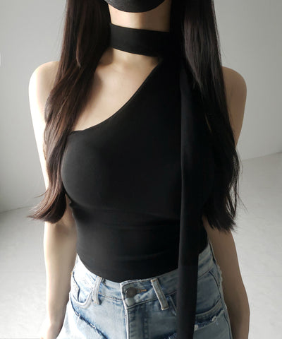 【 ３color ／ カップ付 】チョーカータイアシンメトリーワンショルキャミソール ／ choker tie asymmetry one-shoulder camisole