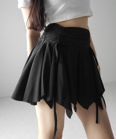 【 ２color ／ ２size 】シャーリングダブルリボンアシンメトリーフリルミニスカート ／ shirrin double ribbon asymmetry frill mini skirt