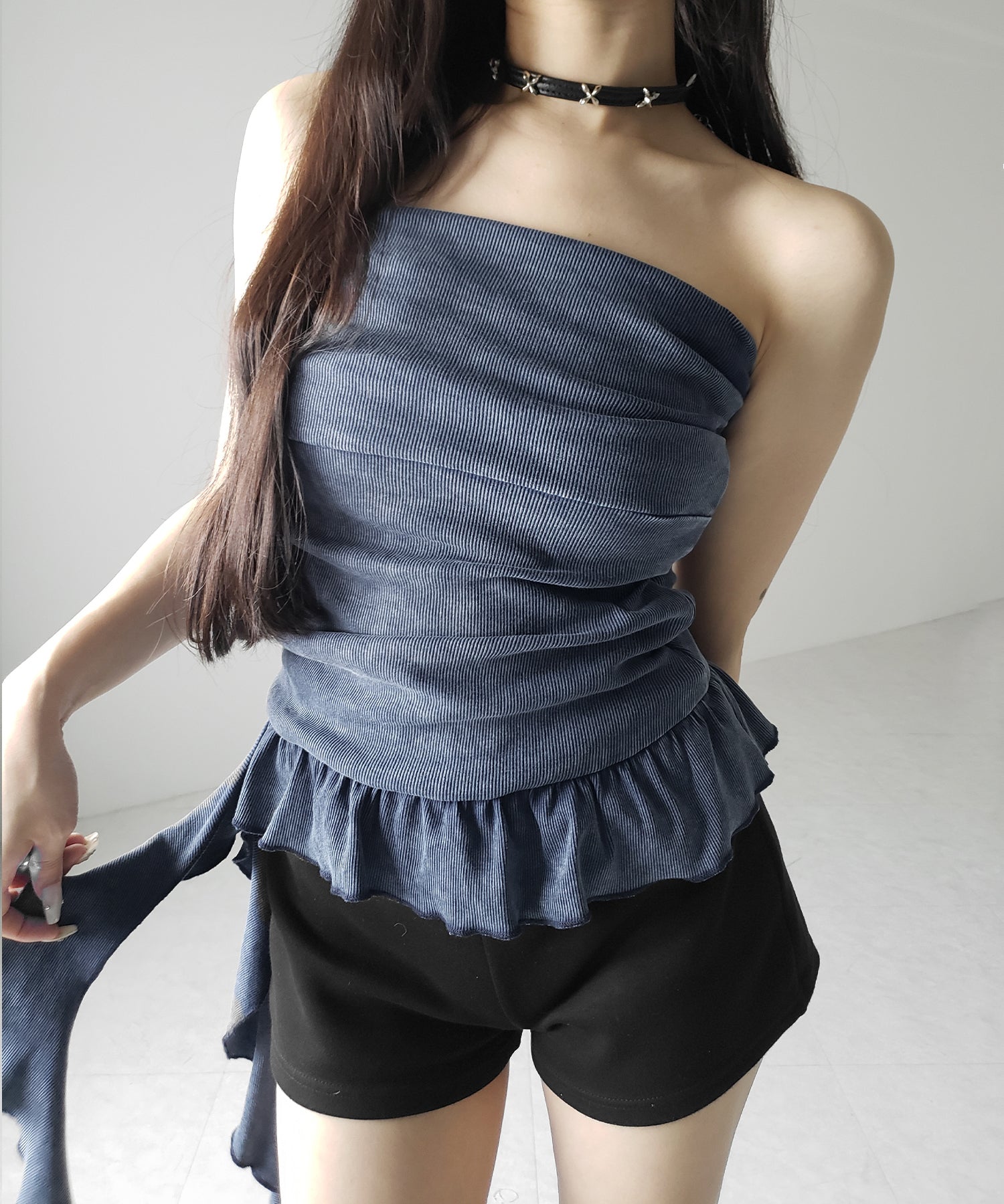【 ２color 】ヴィンテージピグメントフリルベアトップス ／ vintage pigment frill bare tops