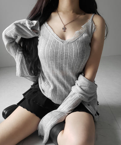 【 ２点セット 】レースニットキャミソール ＋ シアーニットカーディガン SET ／ lace knit camisole + sheer knit cardigan SET