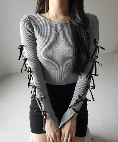 【 ２color 】カットアウトリボンショートリブニット ／ cut out ribbon short rib knit