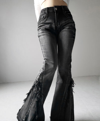 【 ２color ／ ４size 】ヴィンテージライクフリンジストレッチフレアデニム ／ Vintage-like fringe stretch flare denim