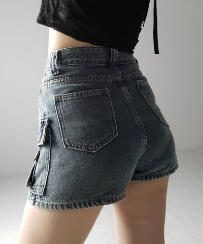 【 ３size ／ ２color 】ダブルポケットヴィンテージカーゴデニムミニスカパン ／ double pocket vintage cargo denim mini skirt pants
