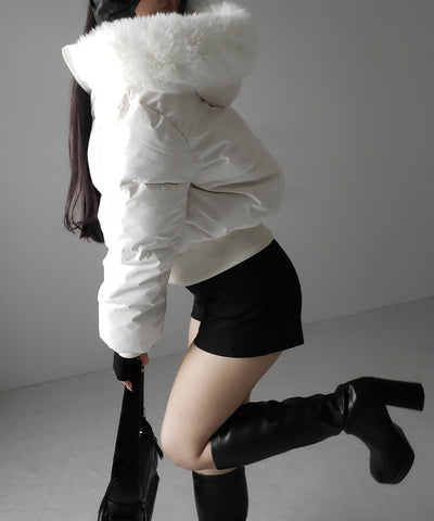 【 フード取り外し可能２ＷＡＹ 】フェイクファーフードショートダウンジャケット ／ 2WAY fake fur hoodie short down jacket