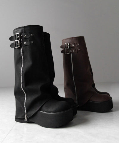 【 ２color 】ベルテッドヴィンテージ厚底カバーロングブーツ ／belted vintage platform cover long boots