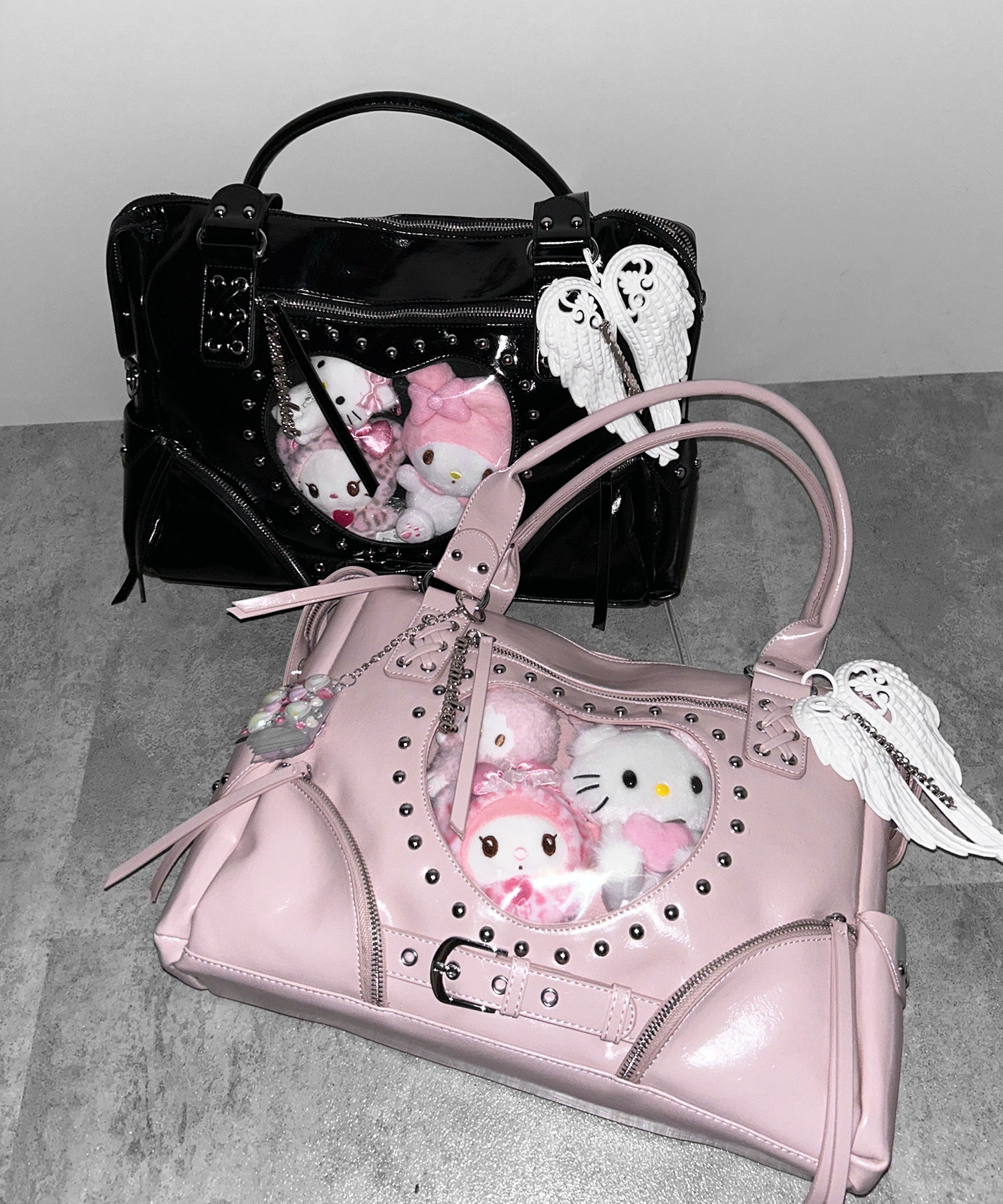 【 限定先行販売 】ハートクリアポケットスタッズフェイクレザートートバッグ ／ heart clear pocket studs fake leather tote bag