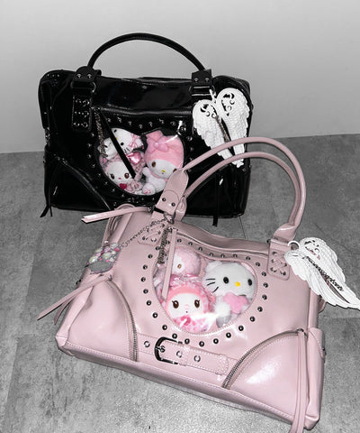 【 限定先行販売 】ハートクリアポケットスタッズフェイクレザートートバッグ ／ heart clear pocket studs fake leather tote bag