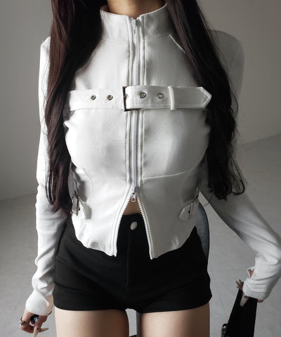 スタンドカラーベルテッドダブルジップスリムトップス ／ stand collar belted double zip slim tops