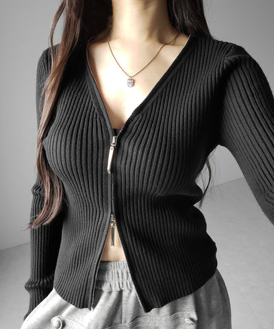 ダブルジップスリムリブニットカーディガン ／ double zip slim rib knit cardigan