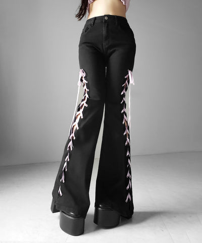 サテンリボンレースアップカットアウトストレッチフレアデニム ／ satin ribbon laceup cutout stretch flare denim