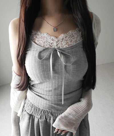 【 ３color ／ カップ付き 】フロントリボンレースドッキングキャミソール ／front ribbon lace docking camisole