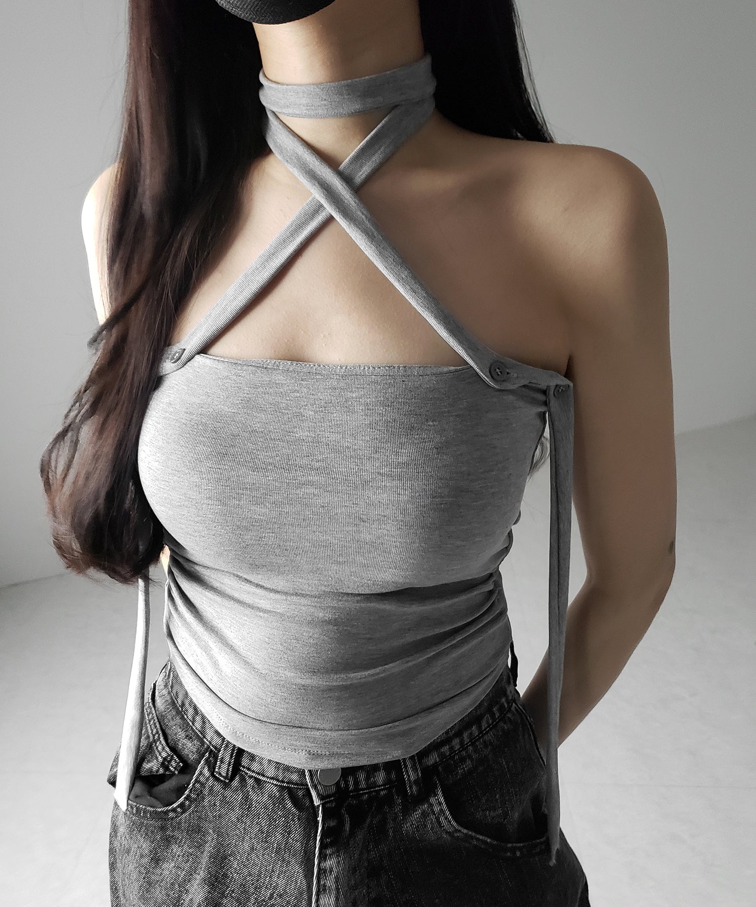 【 ３color ／ カップ付 】ロングチョーカークロスネックキャミソール ／ long choker cross neck camisole