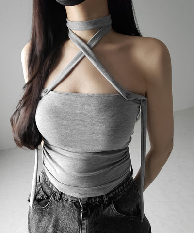 【 ３color ／ カップ付 】ロングチョーカークロスネックキャミソール ／ long choker cross neck camisole