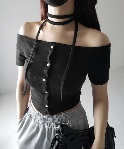 【 ２WAY 】ストラップリボンオフショルダーリブトップス ／ strap ribbon off shoulder rib tops