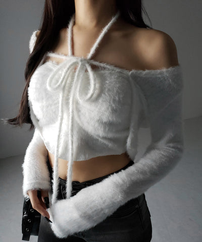 【 ２点セット 】シャギーリボンベアトップス ＆ ショートシャギーカーディガン SET ／ Shaggy ribbon bare tops & short shaggy cardigan