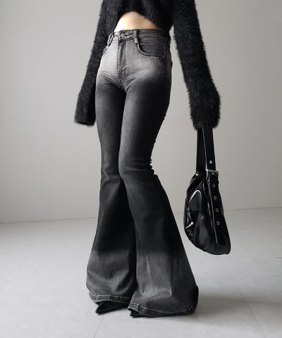 【４size 】ブリーチグラデーションストレッチブラックフレアデニム ／ bleach gradation stretch black flare denim