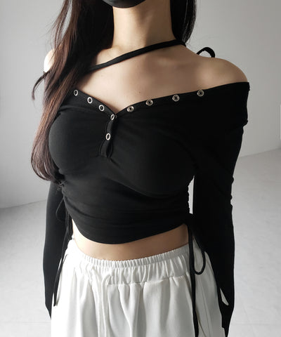 【 ２WAY ／ 裏起毛 】ナナメストラップスナップボタンシャーリングリボントップス ／ naname strap snap button shirring ribbon tops