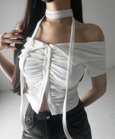 【 ３color 】チョーカーロングタイ付き　オフショルダータックギャザーＴシャツ ／ choker long tie SET offshoulder tuck gather slim T-shirt