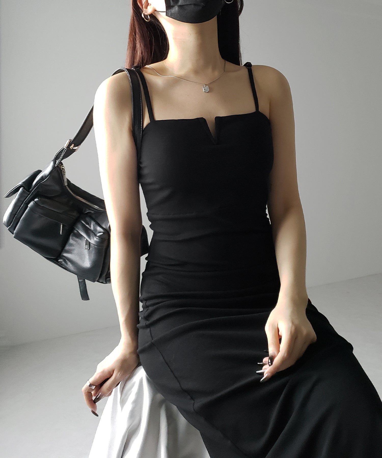 【 パッド付き 】バックストラップサイドシャーリングスリットロングキャミワンピース ／ back strap side shirring slit long cami onepiece