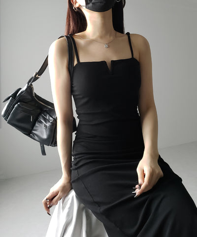 【 パッド付き 】バックストラップサイドシャーリングスリットロングキャミワンピース ／ back strap side shirring slit long cami onepiece