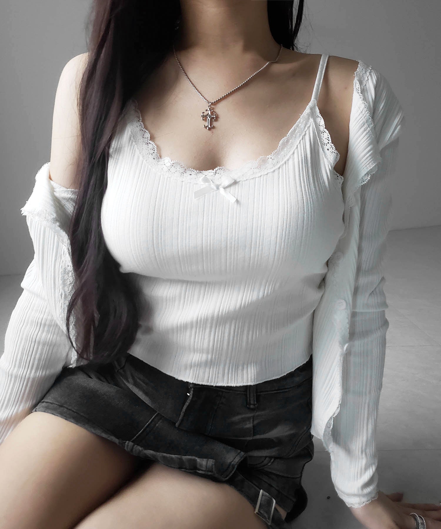 【 ２点セット 】フロントリボンレース切替リブキャミソール ＋ カーディガンセット ／front ribbon lace lib camisole + cardigan SET