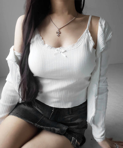 【 ２点セット 】フロントリボンレース切替リブキャミソール ＋ カーディガンセット ／front ribbon lace lib camisole + cardigan SET