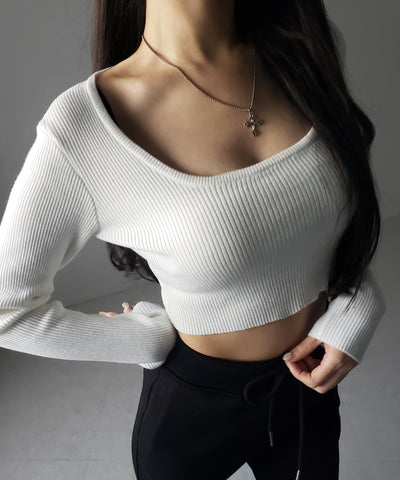 スクエアネックショートリブニットトップス ／ square neck short rib knit tops