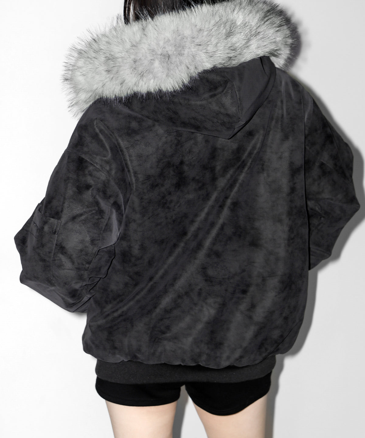 ファーフードヴィンテージフェイクレザーオーバーブルゾン ／ fur hooded vintage fake leather over blouson