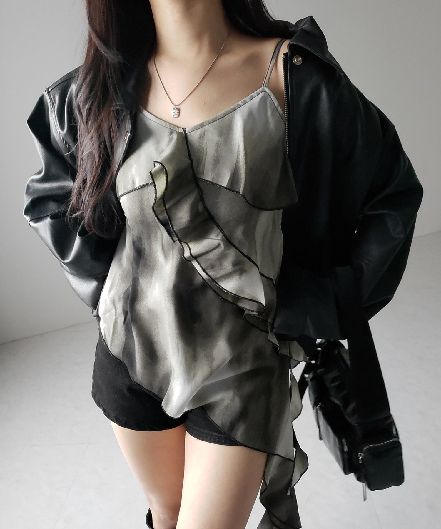 タイダイサテンアシンメトリーフリルキャミソールビスチェ ／ tiedye satin asymmetry frill camisole bustier