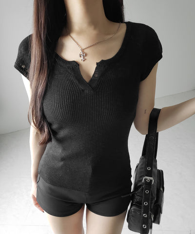 【 ２color 】キーネックルーズシアーリブニットトップス ／ key neck loose sheer rib knit tops