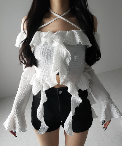 【 ２color 】クロスストラップリボンオフショルダーフリルブラウス ／ cross strap ribbon off shoulder frill blouse