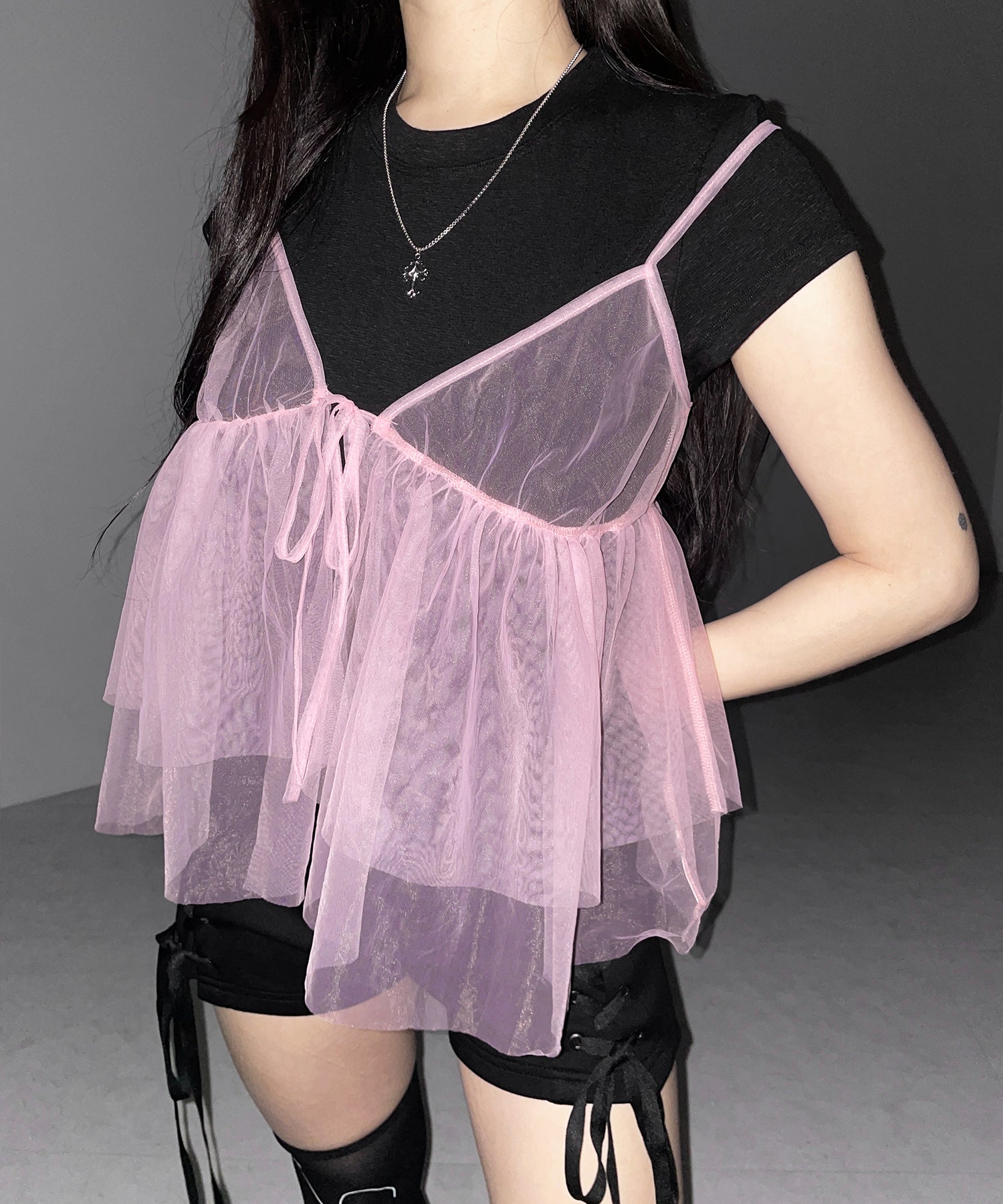 フロントリボンチュールキャミソール ／ front ribbon tulle camisole