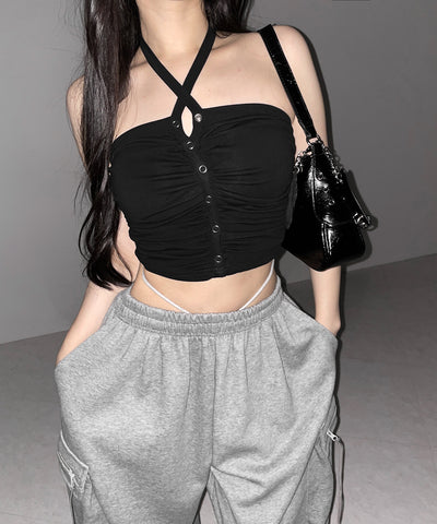 ホルターネックスナップボタンギャザーベアトップ ／ halter neck snap button gathered bare top