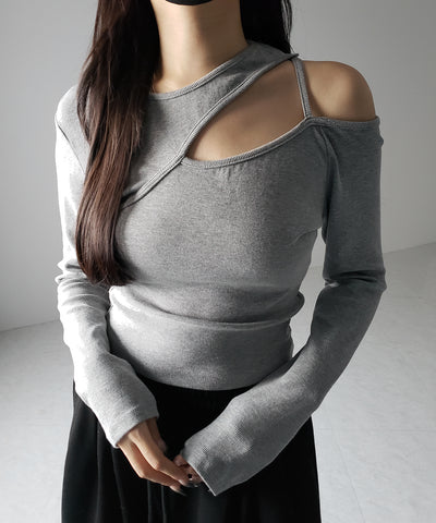 【 ３color 】ショルダーカットアウトストラップリブトップス ／ shoulder cutout strap lib tops