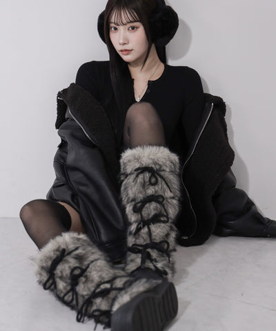 ボリュームフェイクファーレースアップロングブーツ ／ volume fake fur laceup long boots