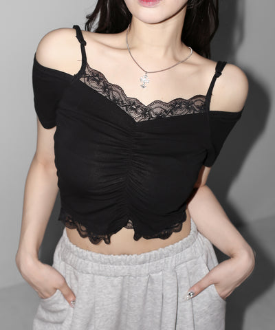 レースドッキングシャーリング半袖オフショルトップス ／ lace docking shirring short-sleeved off-shoulder tops
