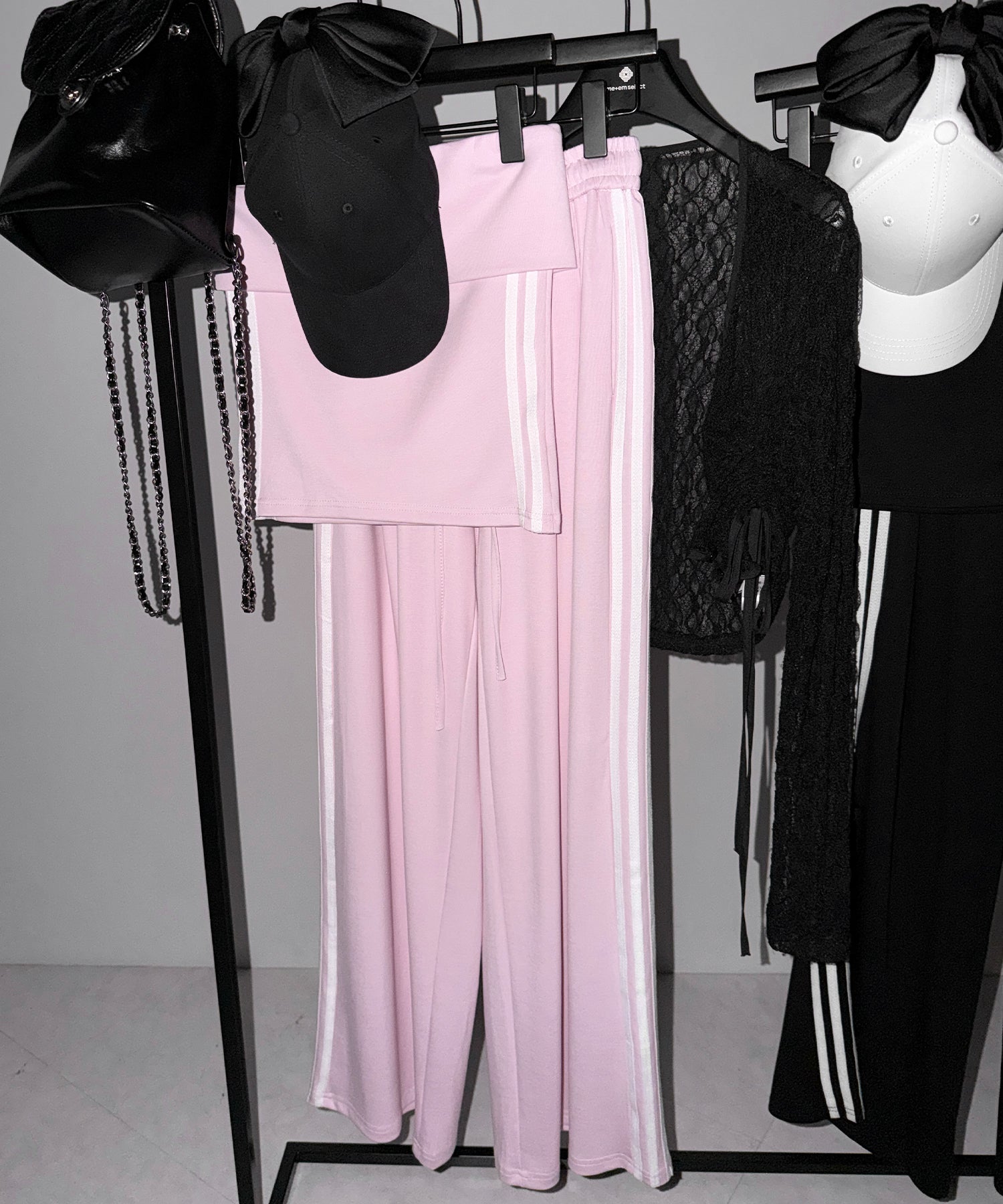 【 セットアップ 】サイドラインベアトップ＋タックワイドカットソーパンツ SETUP ／ ( SETUP ) sideline bare top + tack wide cutsew pants