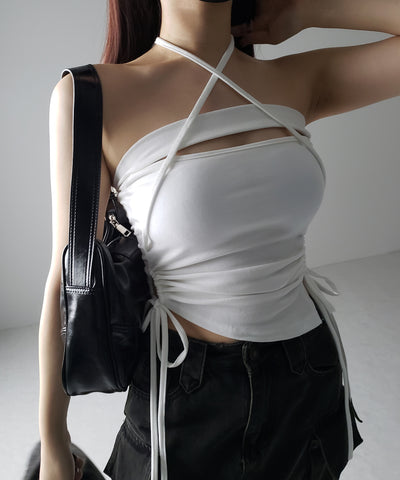 【 カップ付き ／ ２WAY 】クロスストラップリボンカットアウトショートキャミソール ／ cross strap ribbon cutout short camisole